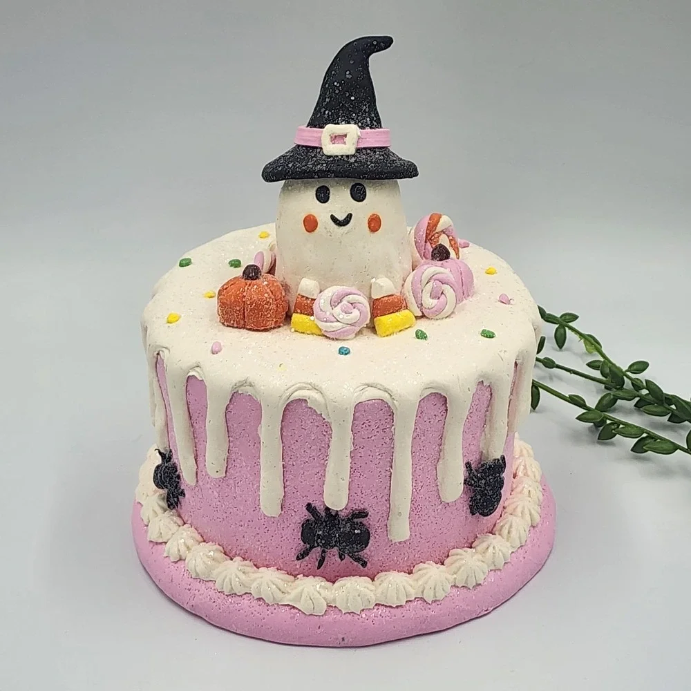Halloween Gingerbread Faux Cake Pink Ghost Witch Hat Candy Pumpkins Spiders 8